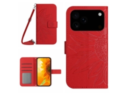 Capa De Couro Para Iphone 17 Pro Com Estampa De Girassol E Cordão.
