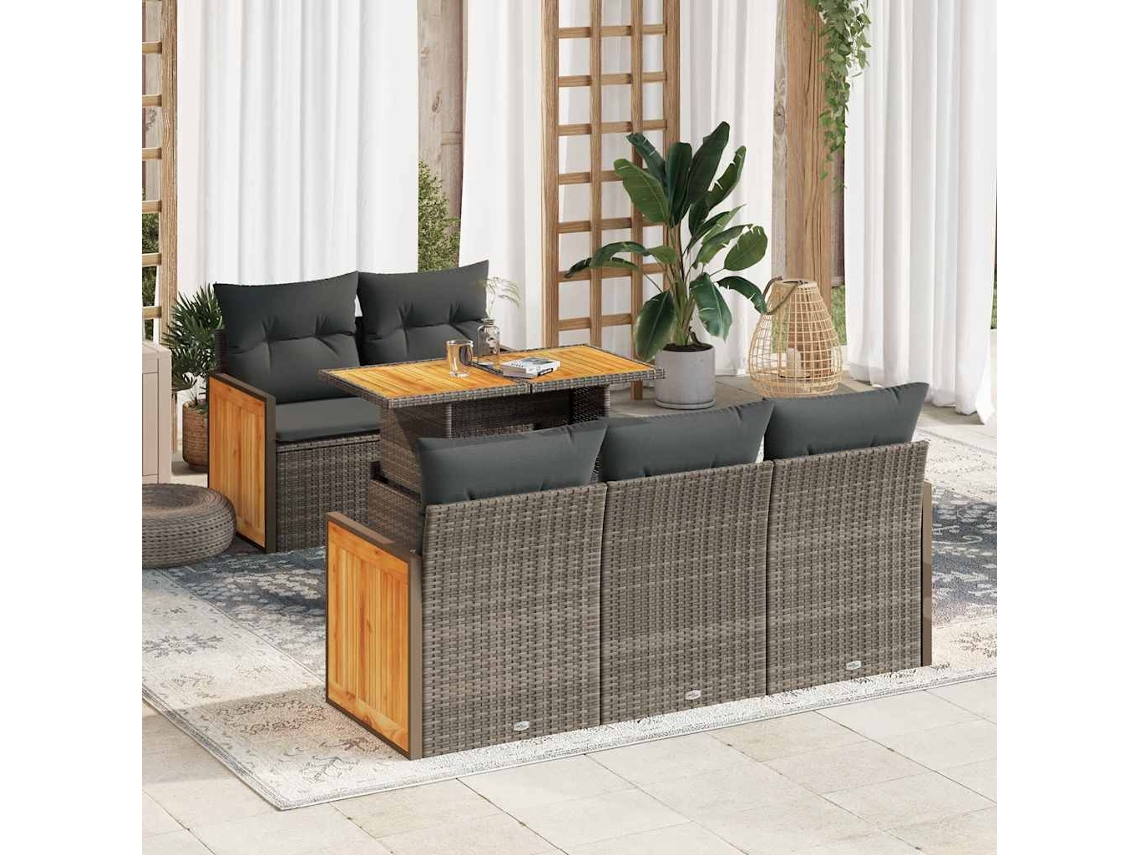 Vidaxl 6 Pcs Conjunto Sofás Jardim Com Almofadões Pe/acácia Cinzento
