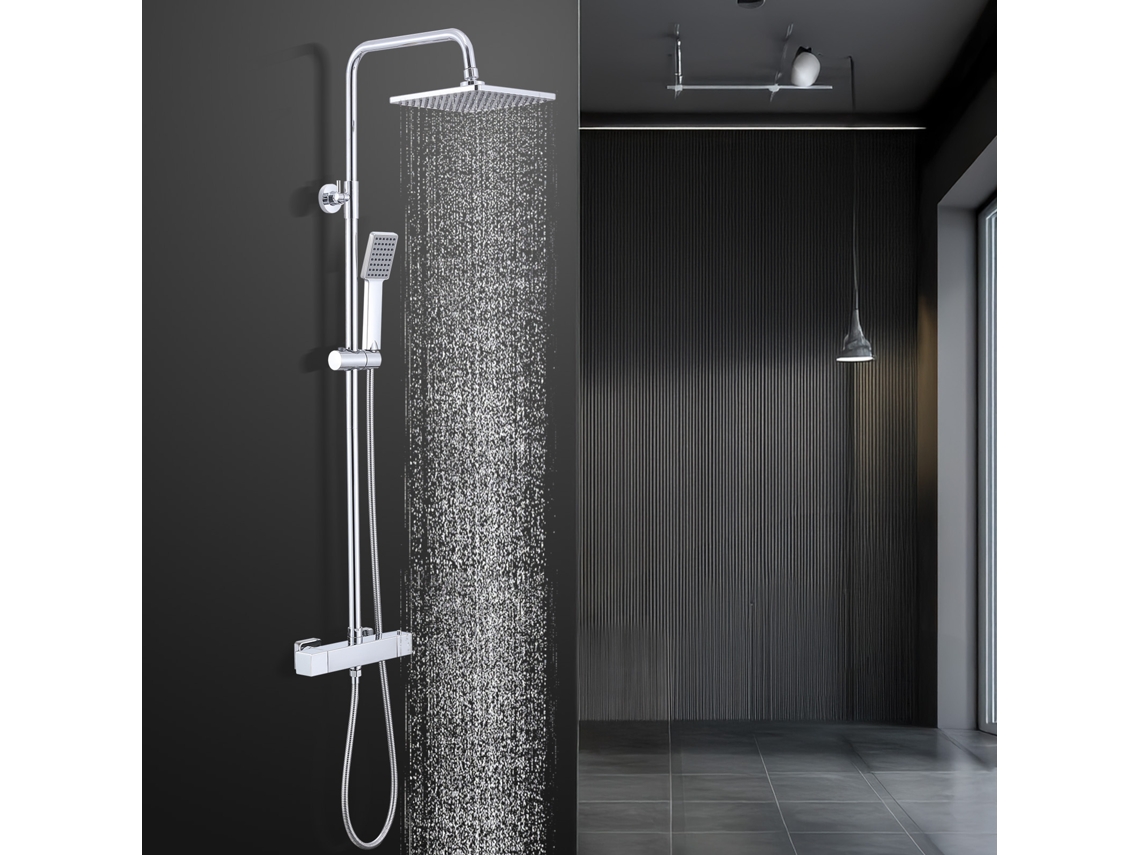 Coluna De Duche Termostática Cromada Sem Perfuração Adicional, Conjunto De Duche Regulável Em Altura 1006-1206 Mm Com Misturadora Em Latão