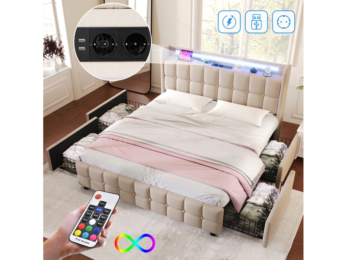 Cama Casal 160x200 Bege Led Usb 4 Gavetas