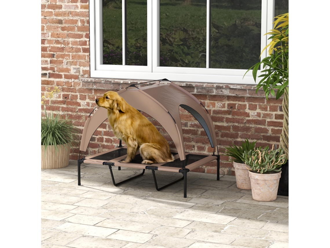 Cama Elevada com Toldo P/ Caninos Médios Estrutura Aço e Bolsa Transp. 106x76x94 Cm Marrom Claro