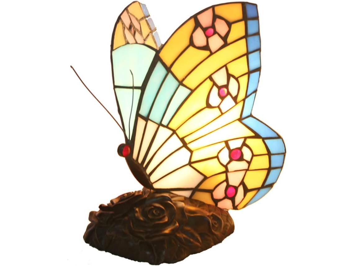 Abajur De Mesa Estilo Tiffany Com Borboletas, Luz Quente, Luminária De Cabeceira Com Cúpula Vidro Colorido, Luminária De