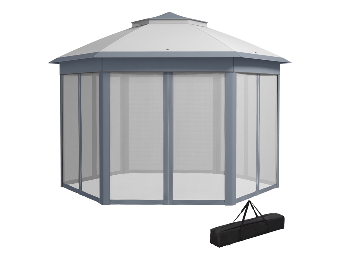Tenda Dobrável 4x3,4 M De Jardim Hexagonal Com Duplo Tecto 6 Mosquiteiras Destacáveis E Saco De Transporte Cinzento