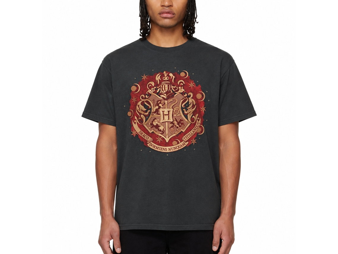 Rockinstone Harry Potter Hogwarts Christmas Badge Black T-shirt Size:xl