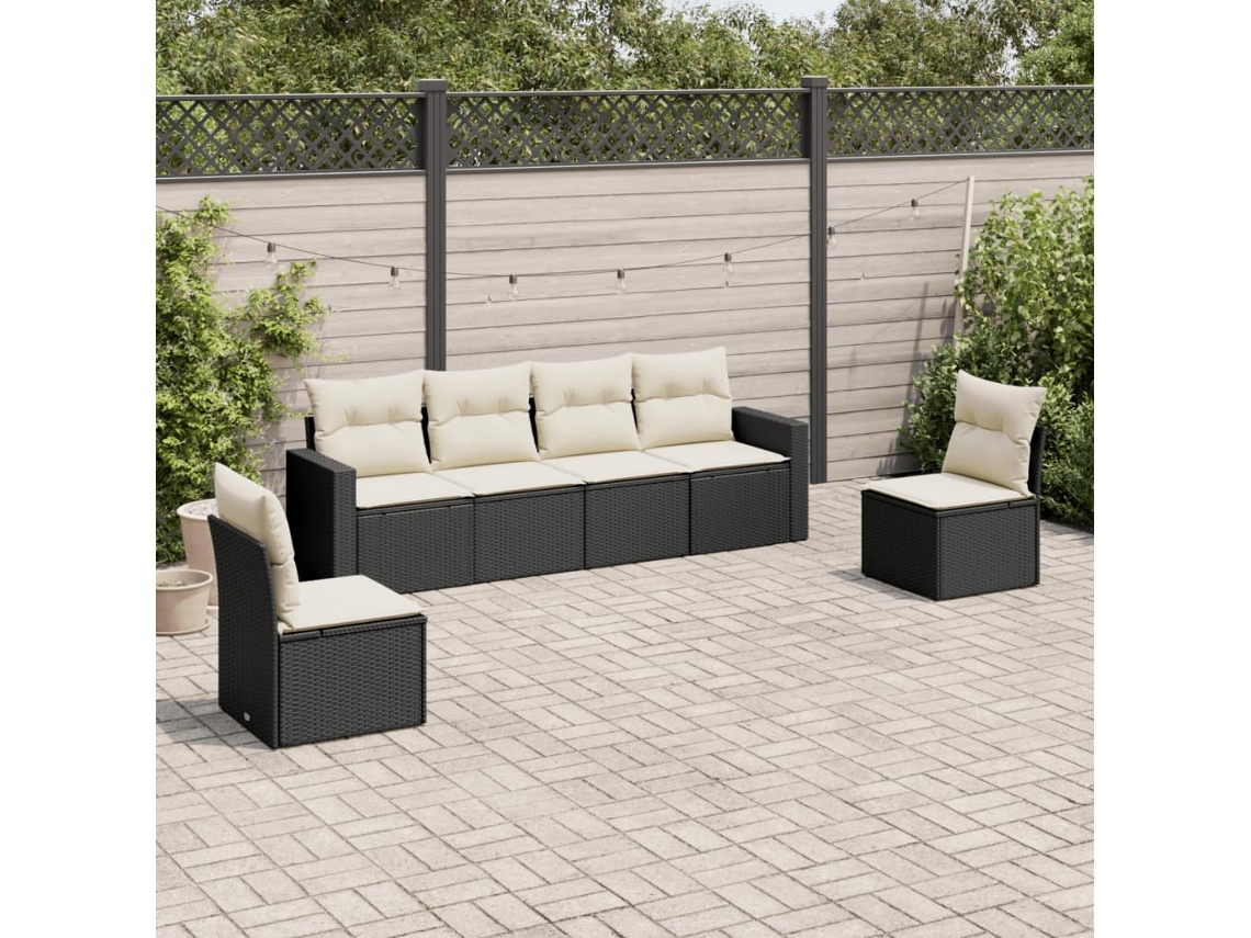 6 Pcs Conjunto Sofás De Jardim C/ Almofadões Vime Pe Preto Dkd Home Decor
