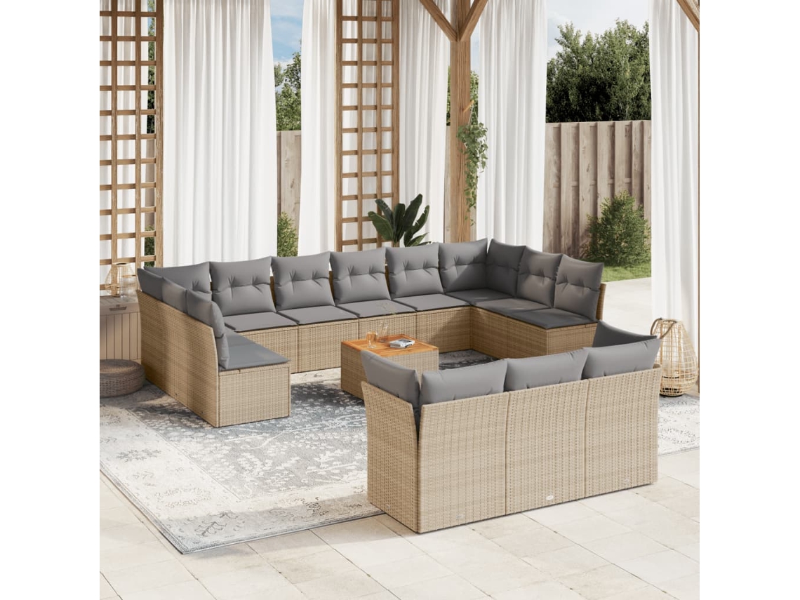Vidaxl 14 Pcs Conjunto De Sofás P/ Jardim Com Almofadões Vime Pe Bege