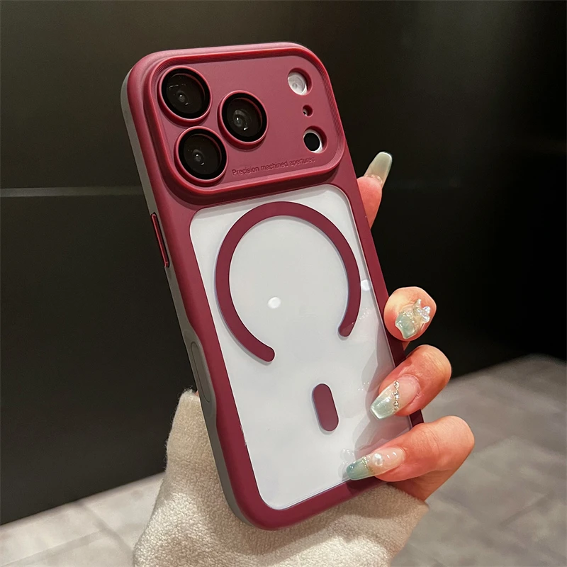 Capa Protetora Para Lente Com Moldura Resistente A Impactos (iphone 15 Pro, Cor Bordô), Com Fixação Magnética.
