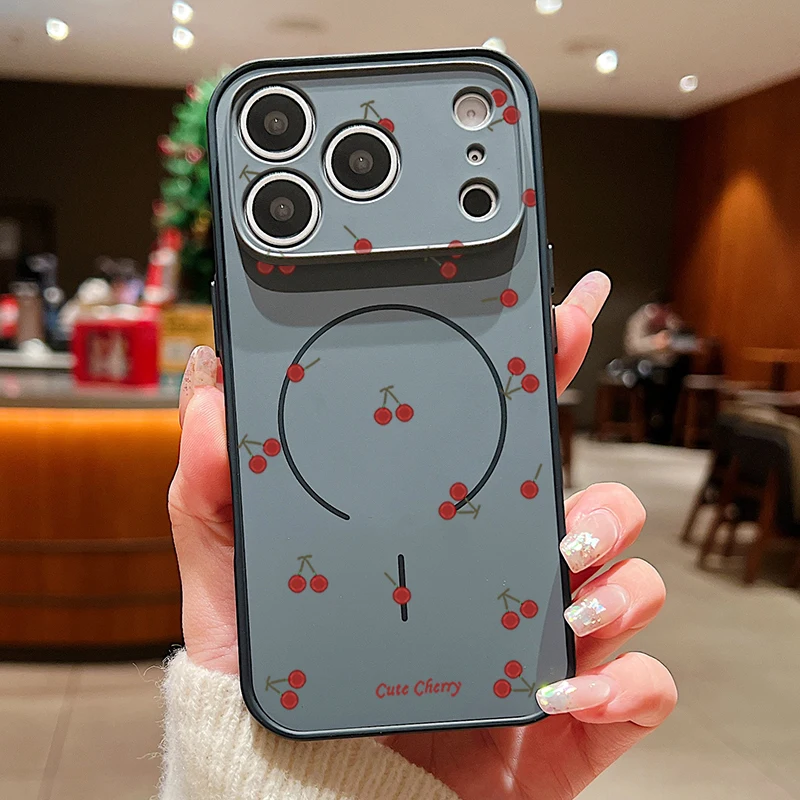 Capa Magnética Para Iphone 13 Pro Max Com Estampa De Cereja Vermelha (preta), Capa Protetora Rígida De Tpu E Pc.