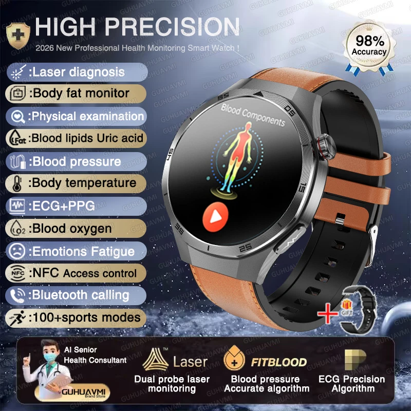 (pulseira De Couro Marrom) Relógio Inteligente Com Ecg E Pressão Arterial, Nfc, Chamadas Bluetooth E Diagnóstico De Saúde.
