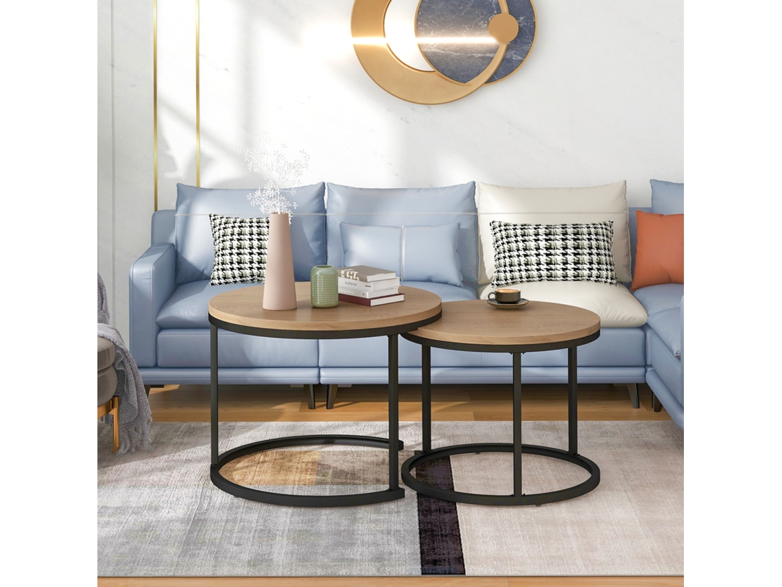 Conjunto De 2 Mesas De Centro Empilháveis Estilo Industrial Aspecto Mármore Castanho Mobrio