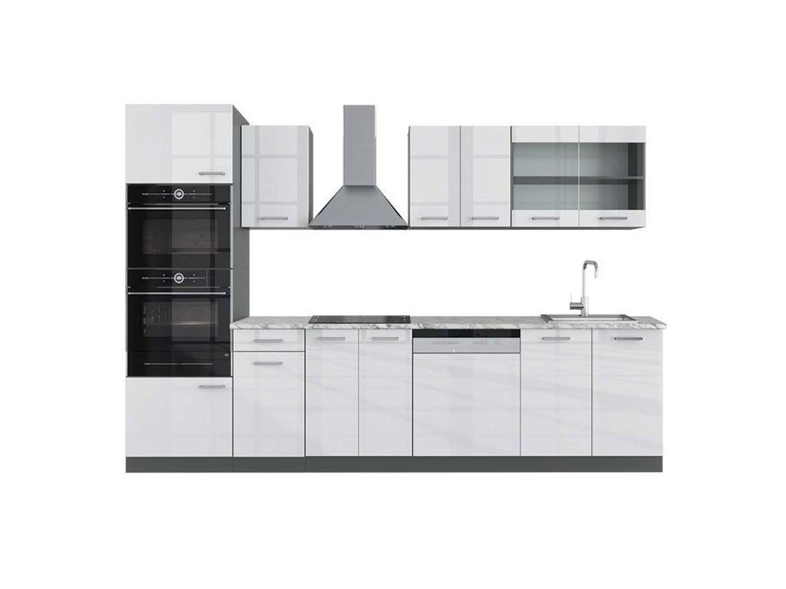 Cozinha R-Line, 300 cm com armário alto, Mármore PT, Branco brilhante/Antracite, Vicco
