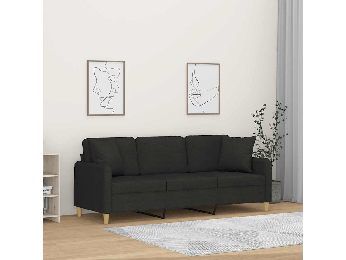 Vidaxl Sofá 3 Lugares + Almofadas Decorativas 180 Cm Tecido Preto