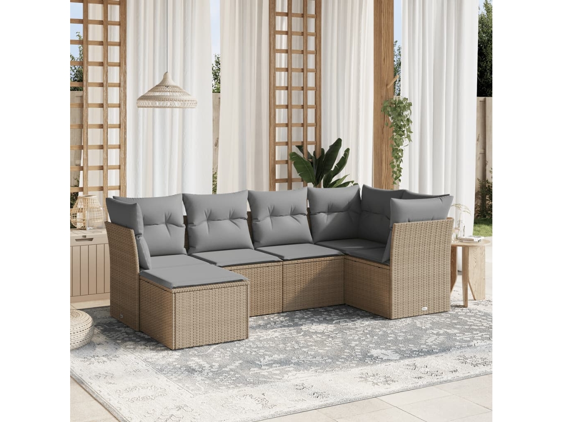 Vidaxl 6 Pcs Conj. Sofás Jardim C/ Almofadões Vime Pe Bege Misturado