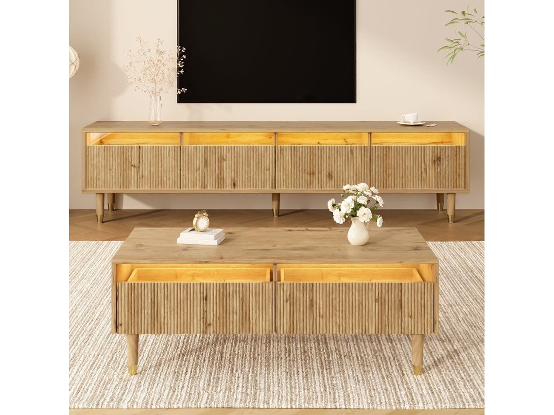 Conjunto De Móveis Led - Móvel De Tv Com 4 Portas E Mesa De Centro Com 2 Gavetas - Design Em Madeira Dourada, Iluminação Led