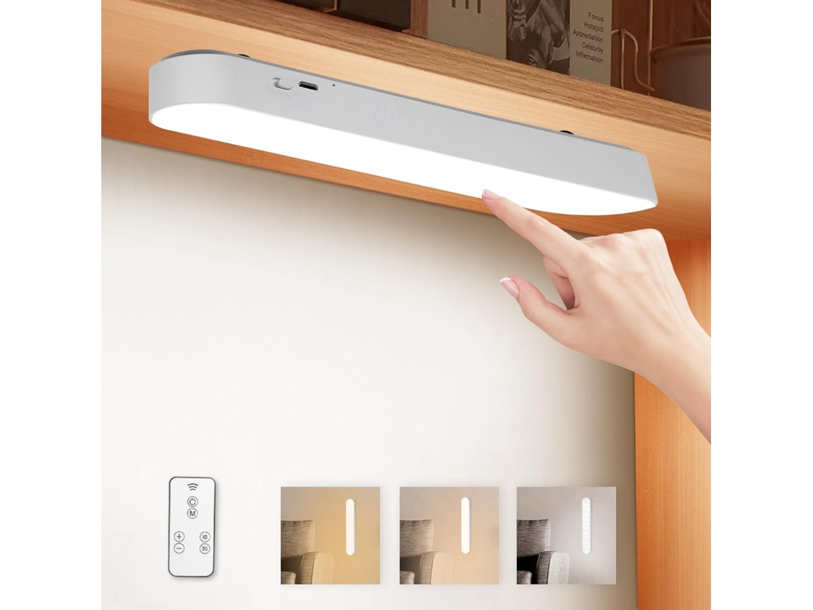 Luminária magnética para armário, semi-recarregável, LED, com controle remoto.