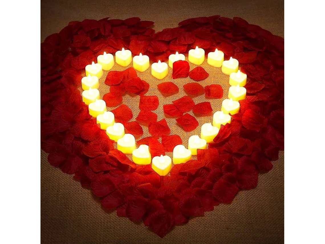 1000 Pétalas de Rosa Artificial com 24 Velas Coração LED Sem Chama com Marca
