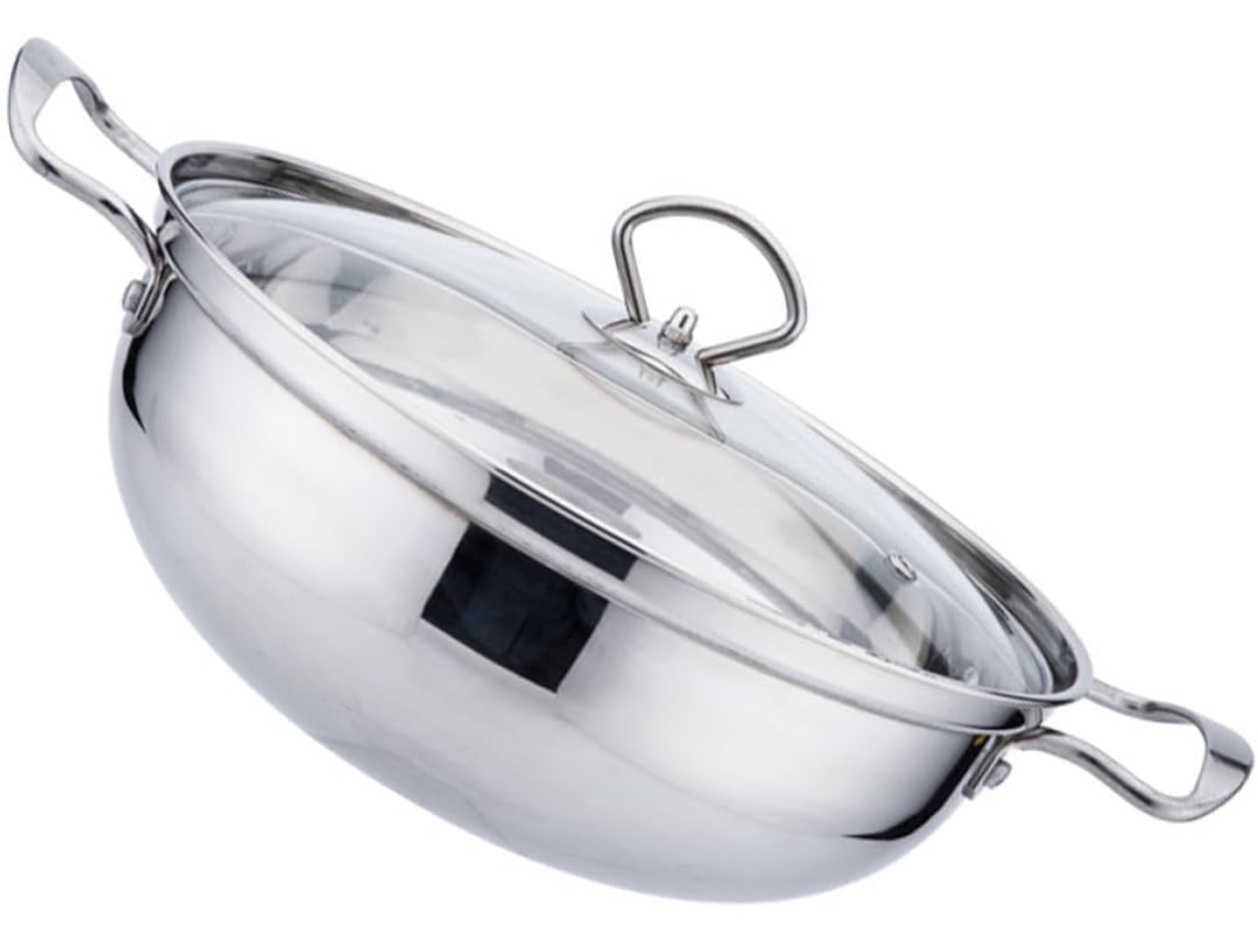 Panela De Aço Inoxidável 26cm Com Tampa Vidro, Caldeira Sopa Fundo Único Compatível Fogões Indução
