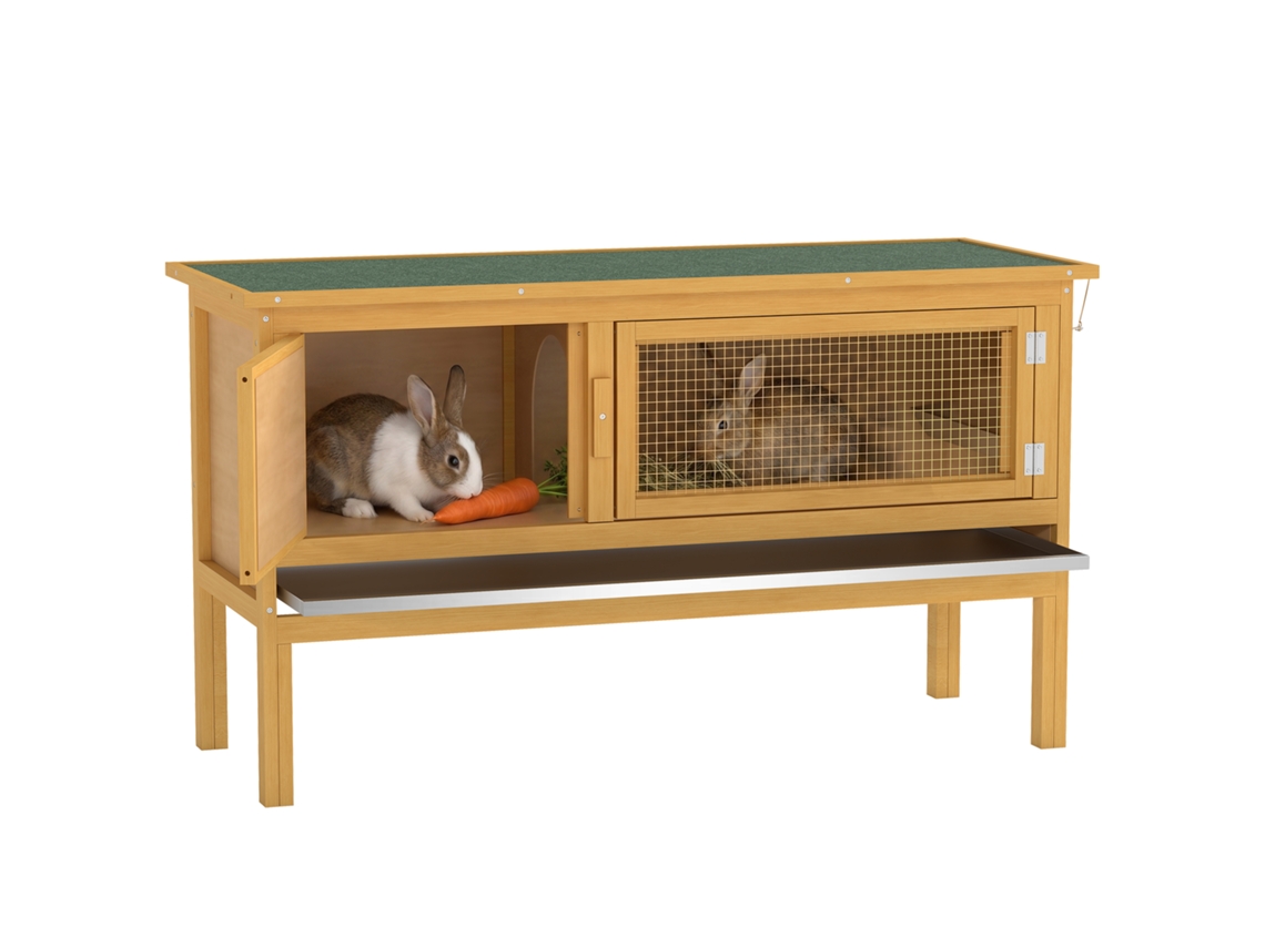Gaiola De Madeira Para Coelho Com Teto Articulado, 2 Portas, Bandeja À Prova De Vazamentos, 115x44,3x65 Cm, Amarelo Claro