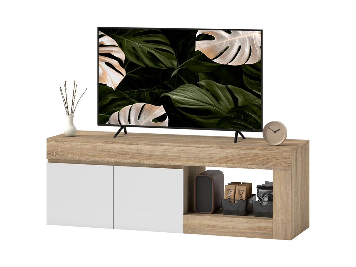 Suporte de Tv com 2 Portas para Tvs de Até 60 Polegadas, Armário e Prateleira Aberta, Acabamento em Efeito de Madeira Natural Hachi