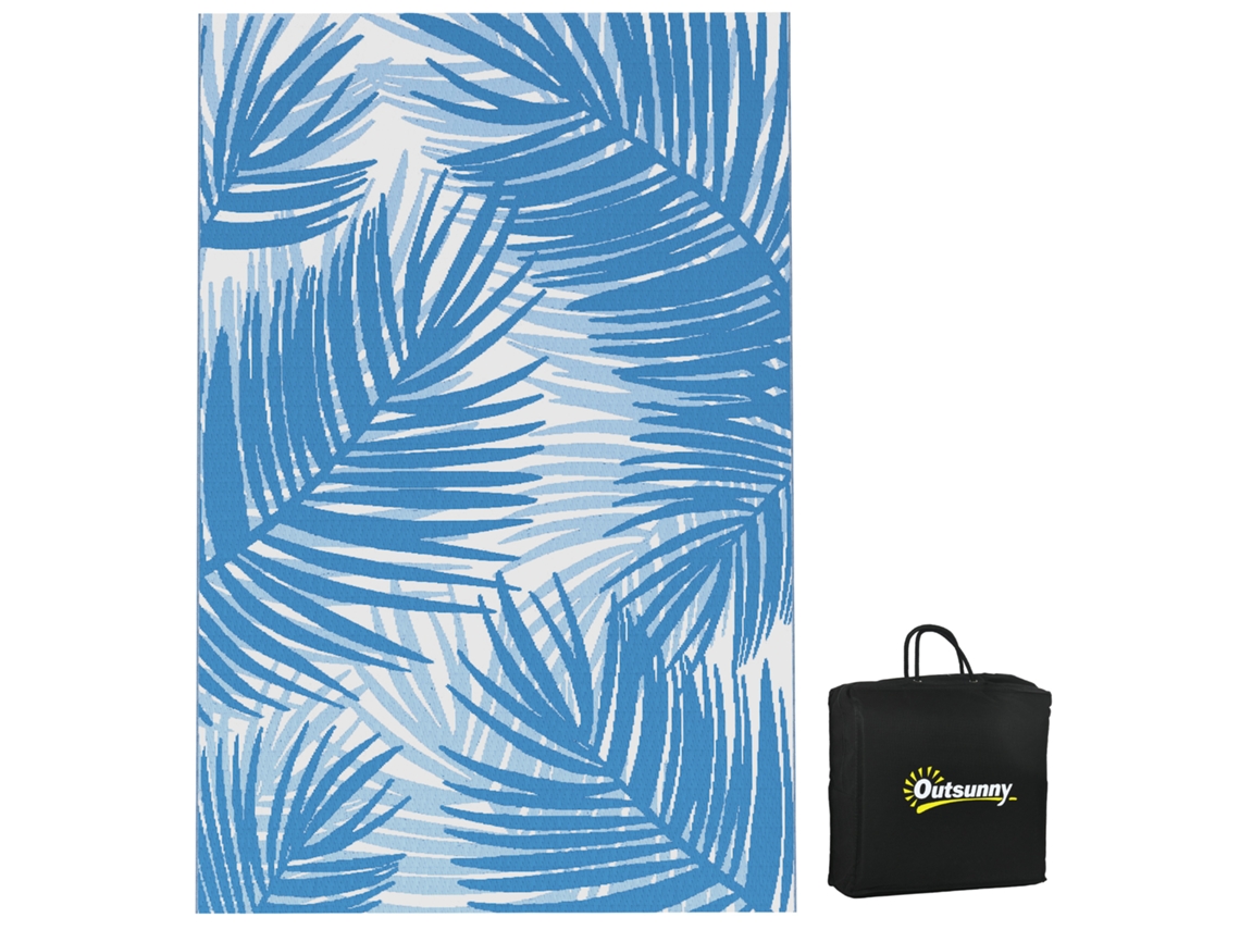 Tapete Reversível Para Exterior, Impermeável, Com Padrão De Folhas, 182x274cm, Azul/creme.