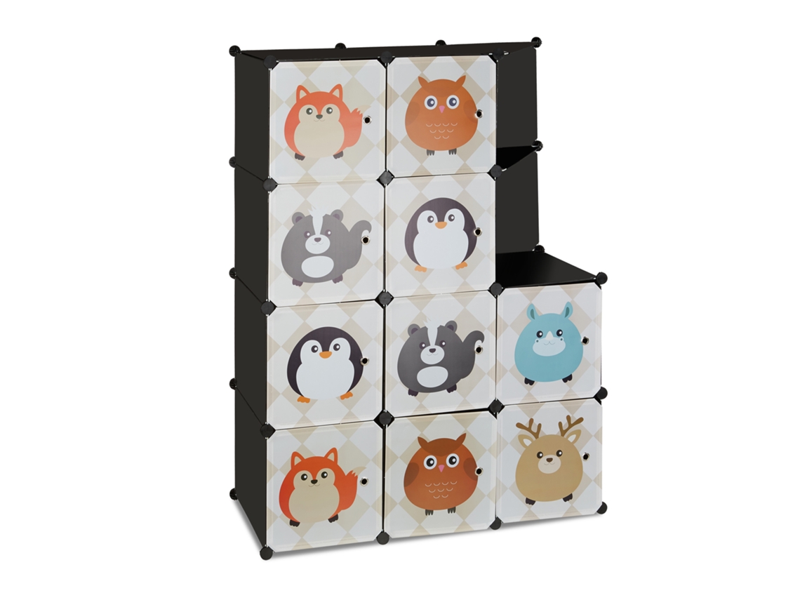 Relaxdays Estante Infantil, Animais, Sistema De Encaixe Plástico, Com Portas, Roupeiro, Com Varão, Colorida