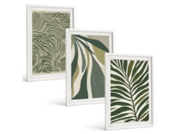 Composição De Quadros Folhas Com Linhas Onduladas Em Verde Moldura Branca Imagens Para Um Quarto Infantil Espelharte (3 Piezas De 40x60 Cm)
