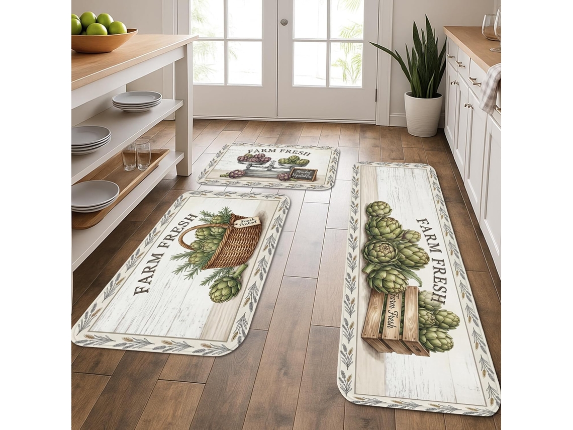 Tapetes Farm Fresh Cozinha em estilo rústico clássico, acolchoados, confortáveis e laváveis, ideais para casas e lavanderias.