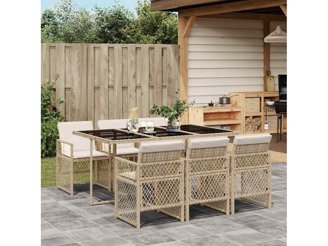 Vidaxl 7 Pcs Conjunto De Jantar P/ Jardim Com Almofadões Vime Pe Bege