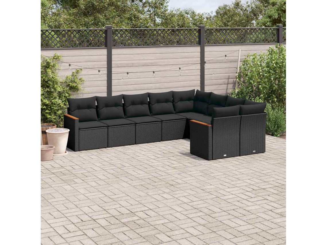 Vidaxl 9 Pcs Conjunto De Sofás P/ Jardim C/ Almofadões Vime Pe Preto