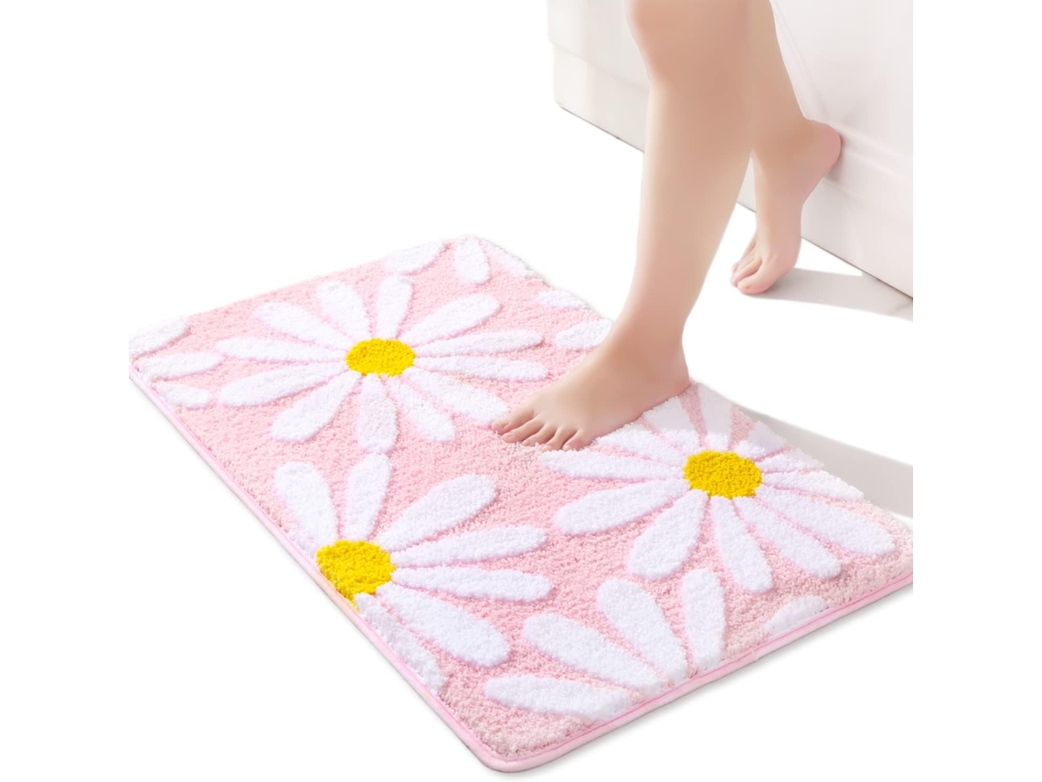 Tapete Rosa - Fofo Margaridas - Antiderrapante Lavável - Flores Brancas E Amarelas - 50x80 Cm