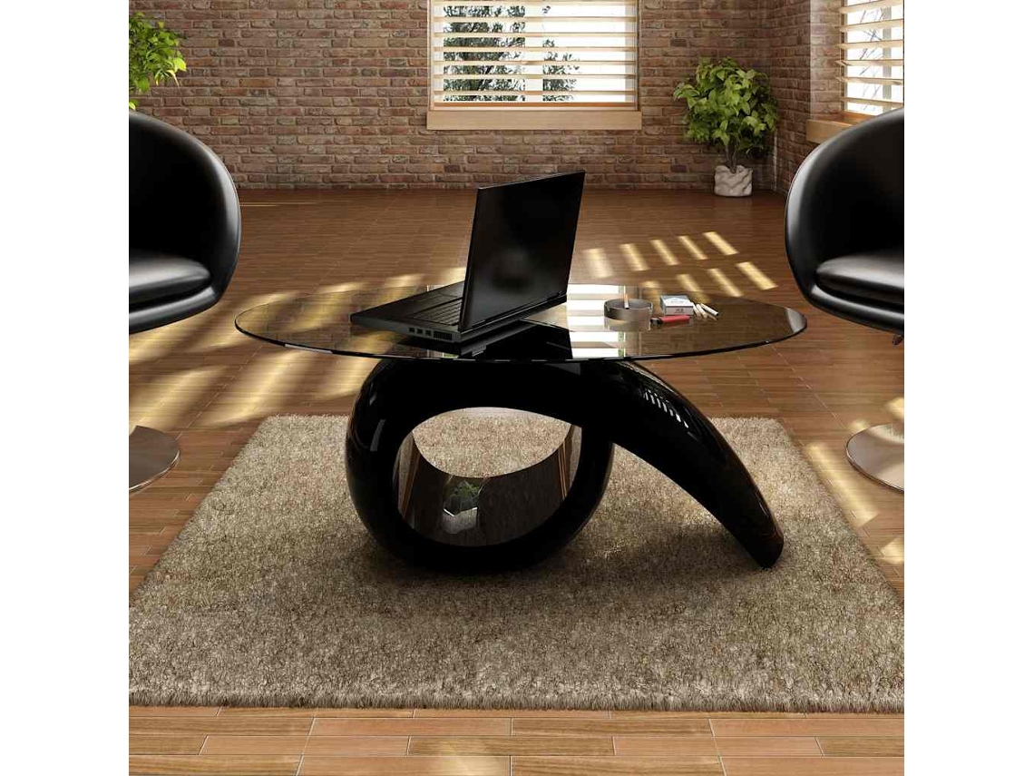Vidaxl Mesa De Centro Com Tampo Oval De Vidro, Preto Brilhante
