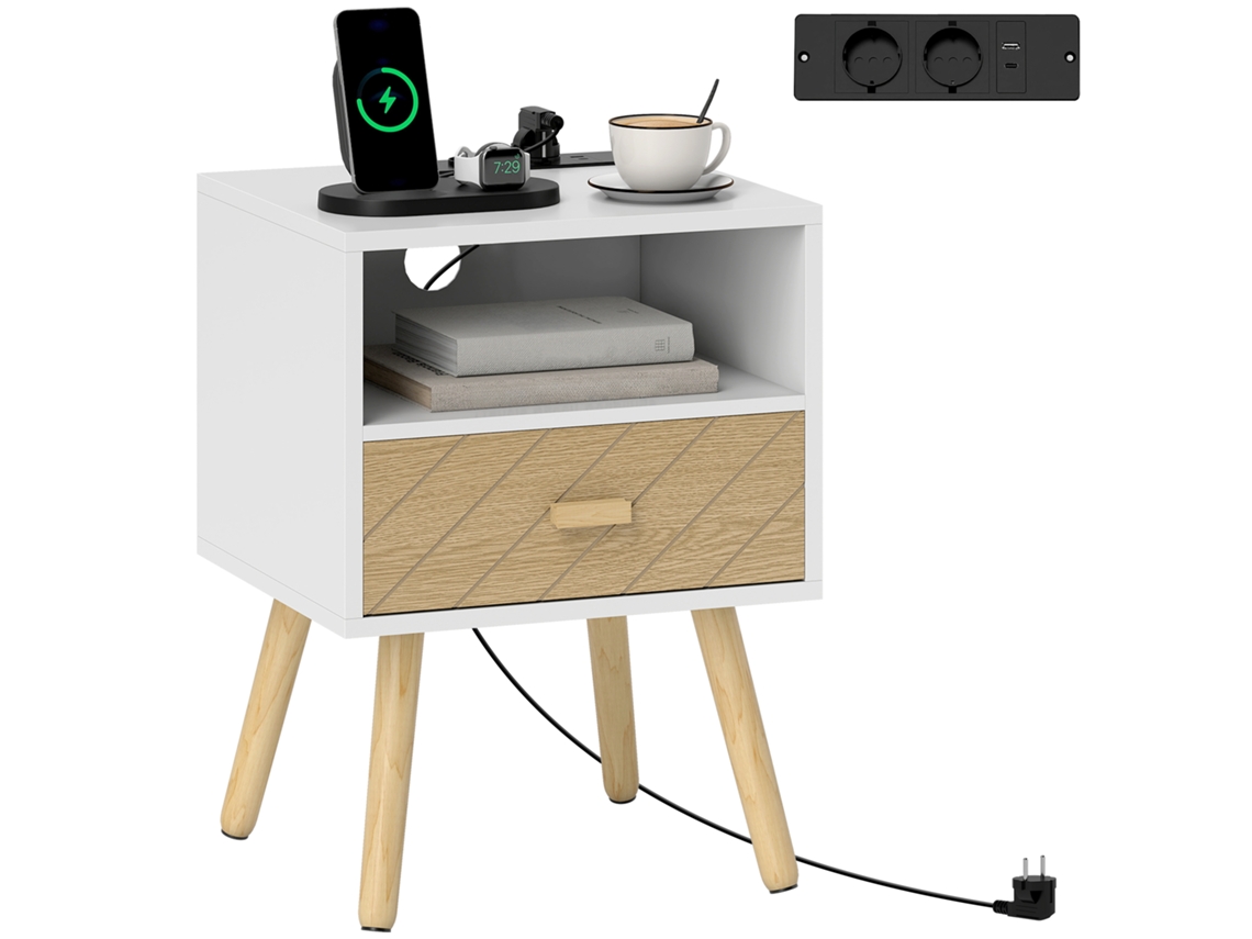 Mesa de Cabeceira com Carregador, 2 Tomadas, USB, Branco, 40x35x54,7cm S/MARCA