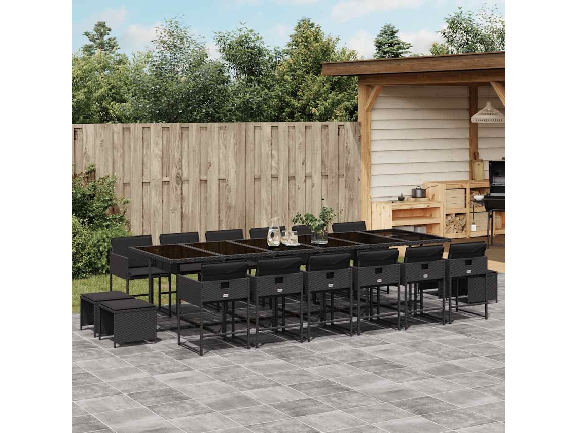 Vidaxl 17 Pcs Conjunto De Jantar P/ Jardim C/ Almofadões Vime Pe Preto