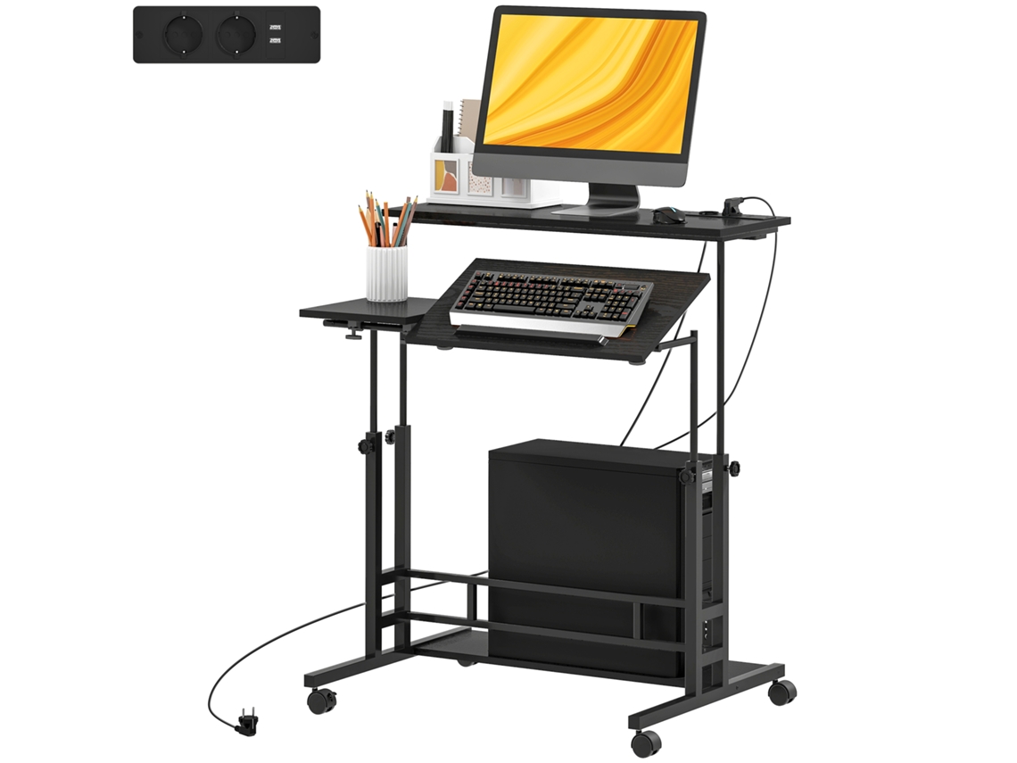 Secretária Elevatória Com Rodas Tomadas E Entrada Usb Altura Ajustável E Painel Central Inclinado 80x60x59,5-95 Cm Preto