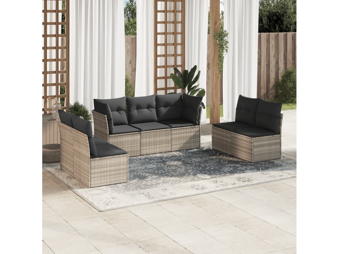 Vidaxl 7 Pcs Conj. Sofás Jardim Com Almofadões Vime Pe Cinzento-claro