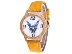 Relógio de quartzo unissex Zhoulianfa com pulseira de couro jeans e textura de madeira (amarelo)