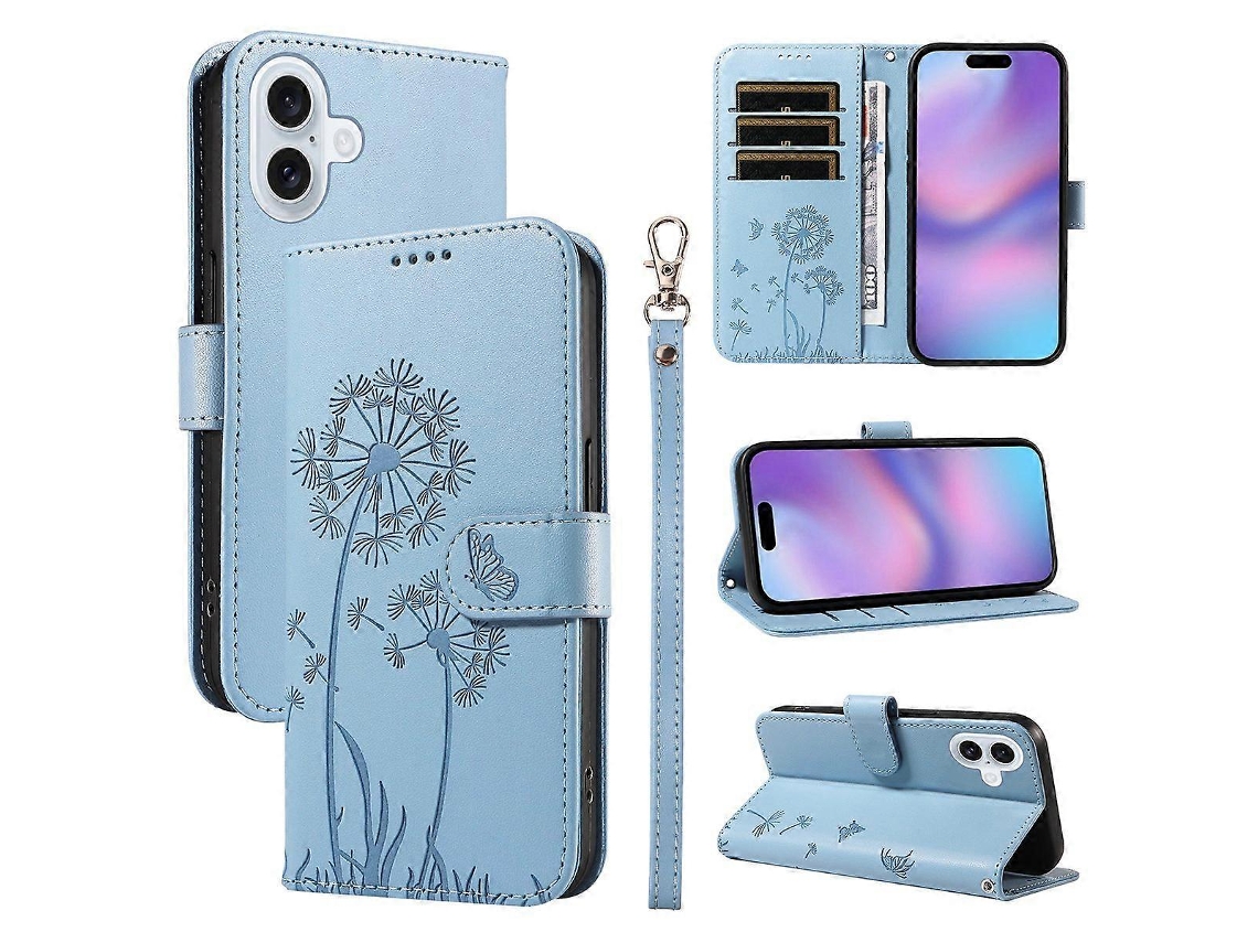 Capa Carteira de Couro Compatível com Iphone 17 Alça, Estampa Dente de leão, Suporte para Celular e Proteção lingling Azul AQUAFORGE