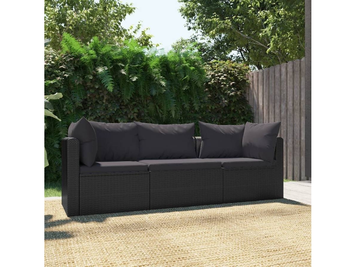 vidaXL 3 pcs conjunto sofás de jardim c/ almofadões vime PE preto