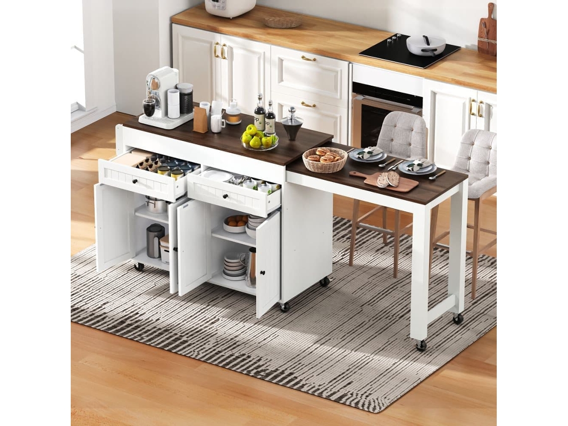 Ilha De Cozinha Móvel 112-180,5×45×92,2 Cm - Com Área De Jantar Extensível, Com Bancada E Gavetas - Branco + Nogueira
