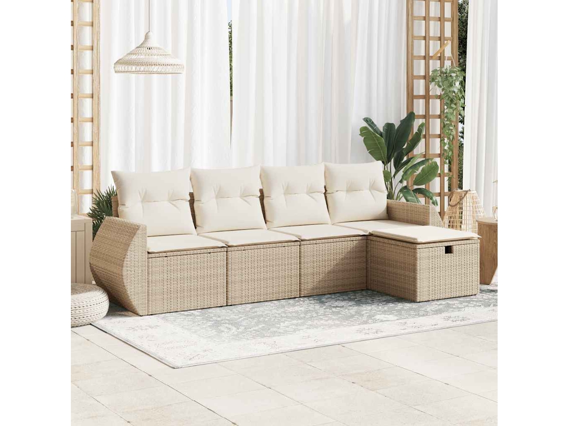 Vidaxl 5 Pcs Conjunto De Sofás P/ Jardim Com Almofadões Vime Pe Bege