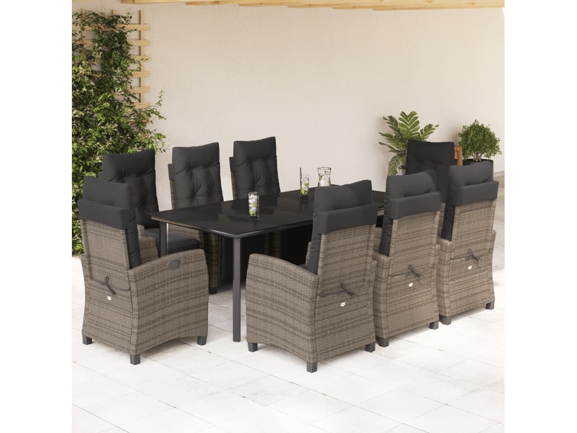 Vidaxl 9 Pcs Conjunto De Jantar P/ Jardim C/ Almofadões Vime Pe Cinza