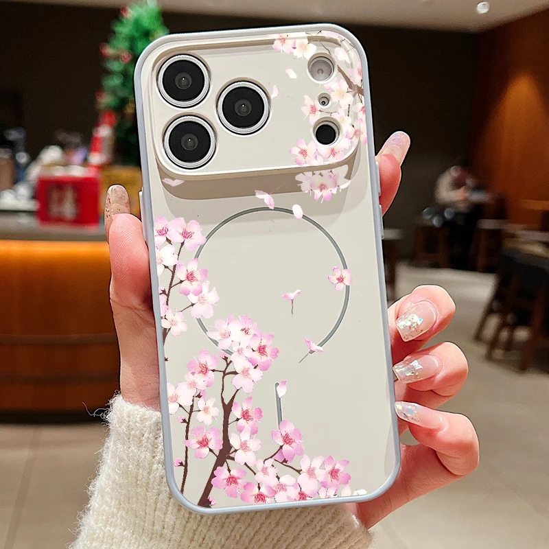 Capa Magnética Rígida Para Iphone 14 Pro Com Estampa De Flores Rosa (cinza).