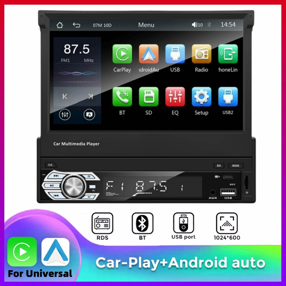 Reprodutor Mp5 1 Din Carplay Android Auto Universal, Tela Touch Retrátil 7 Polegadas Hd, Fm Aux Bt Mirror Link Preto