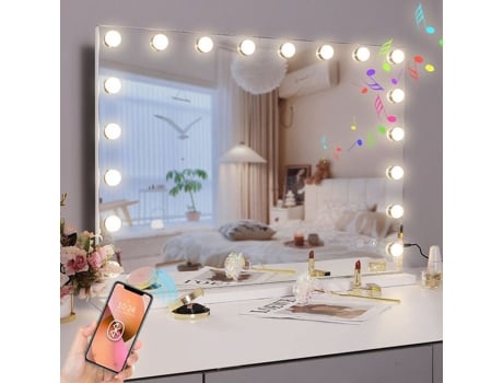 Espelho de Maquilhagem Hollywood, Smart Bluetooth / Carregamento USB / Lupa 10x / Três Modos de Graduação, 80cm x 58cm Branco