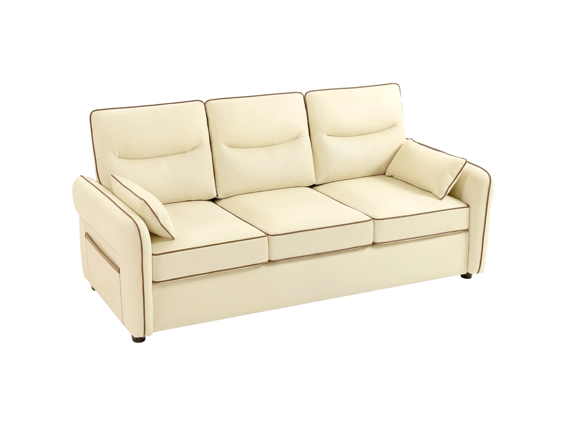 Sofá 3 Lugares Moderno S/MARCA (couro sintético, 190x85x80cm, bege, 2 almofadas, bolso lateral)
