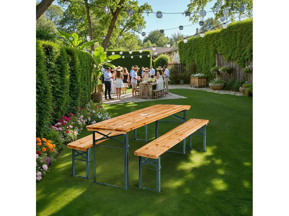 Conjunto De Mesa E Bancos Dobráveis Em Aço E Madeira Tectake, Suporte Para Guarda-sol, Resistente À Água, 170x46x78 Cm, Castanho