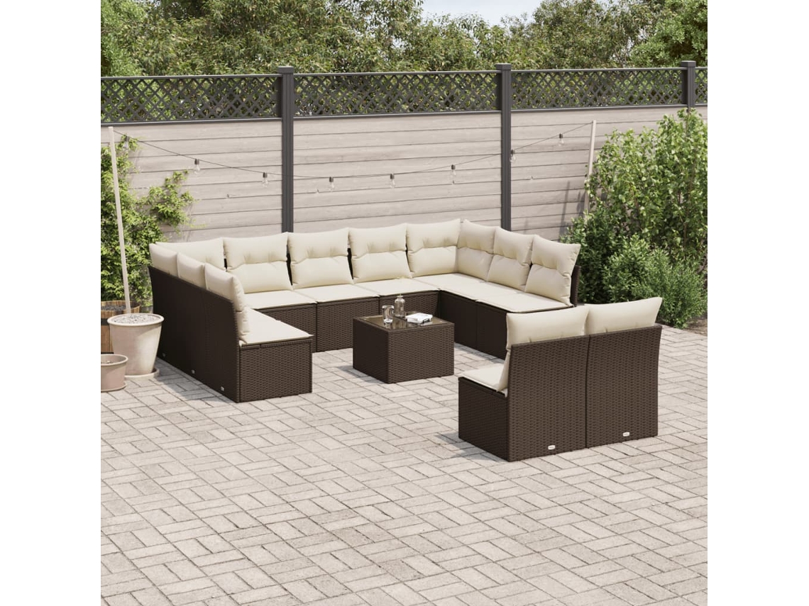 Vidaxl 12 Pcs Conjunto de Sofás Jardim com Almofadões Vime Pe Castanho