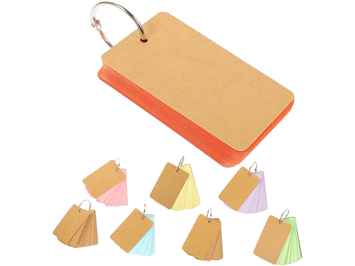 Conjunto de 8 cartões de anotações em branco em papel kraft marrom com anéis de liga metálica para escrita suave.