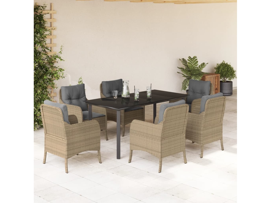 Vidaxl 7 Pcs Conjunto De Jantar P/ Jardim Com Almofadões Vime Pe Bege