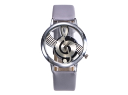Relógio de Quartzo Feminino com Pulseira de Couro Pu e Design de Nota Musical Oca Cinza Zhoulianfa